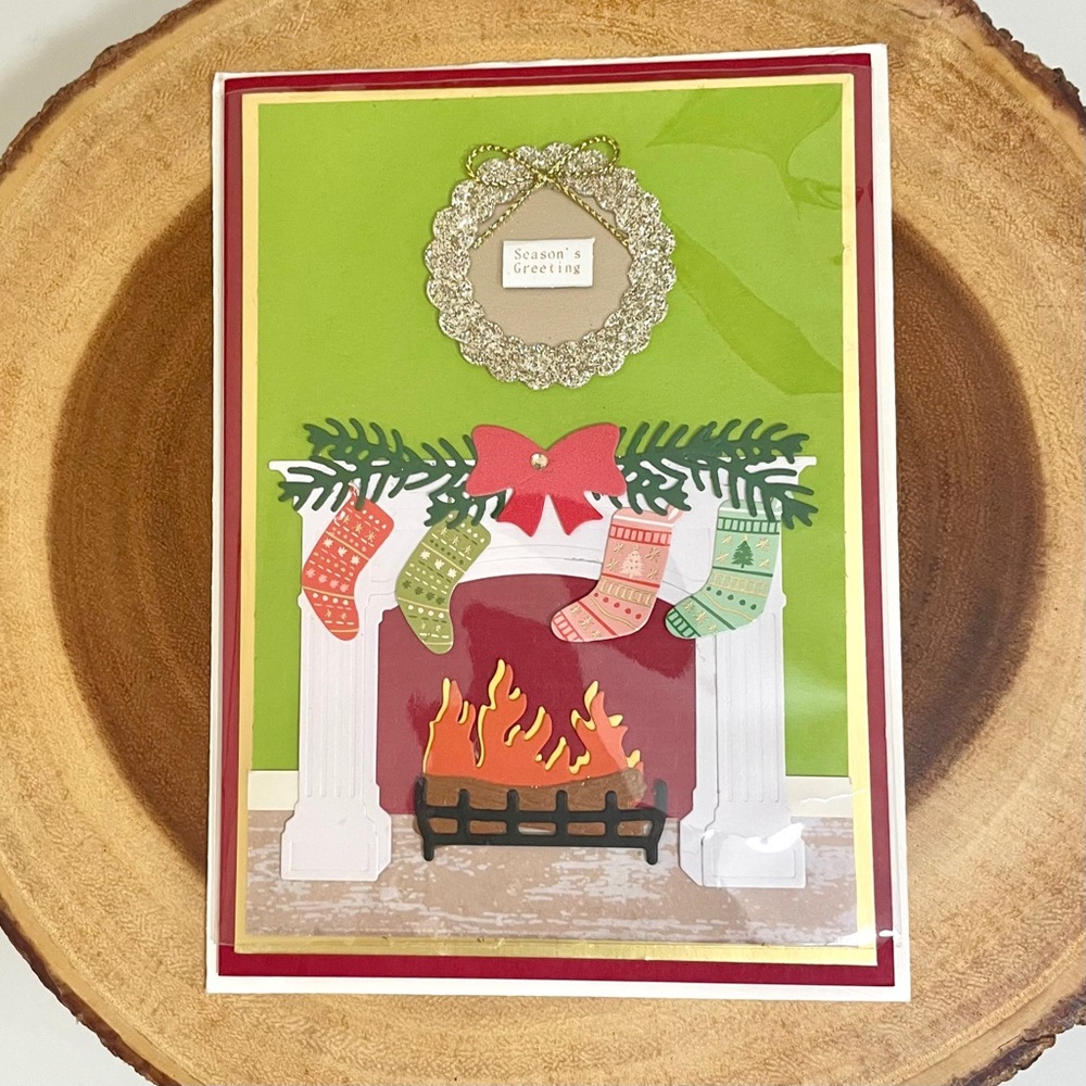 3/$15 Handmade Festive Fireplace Holiday Card and Envelope